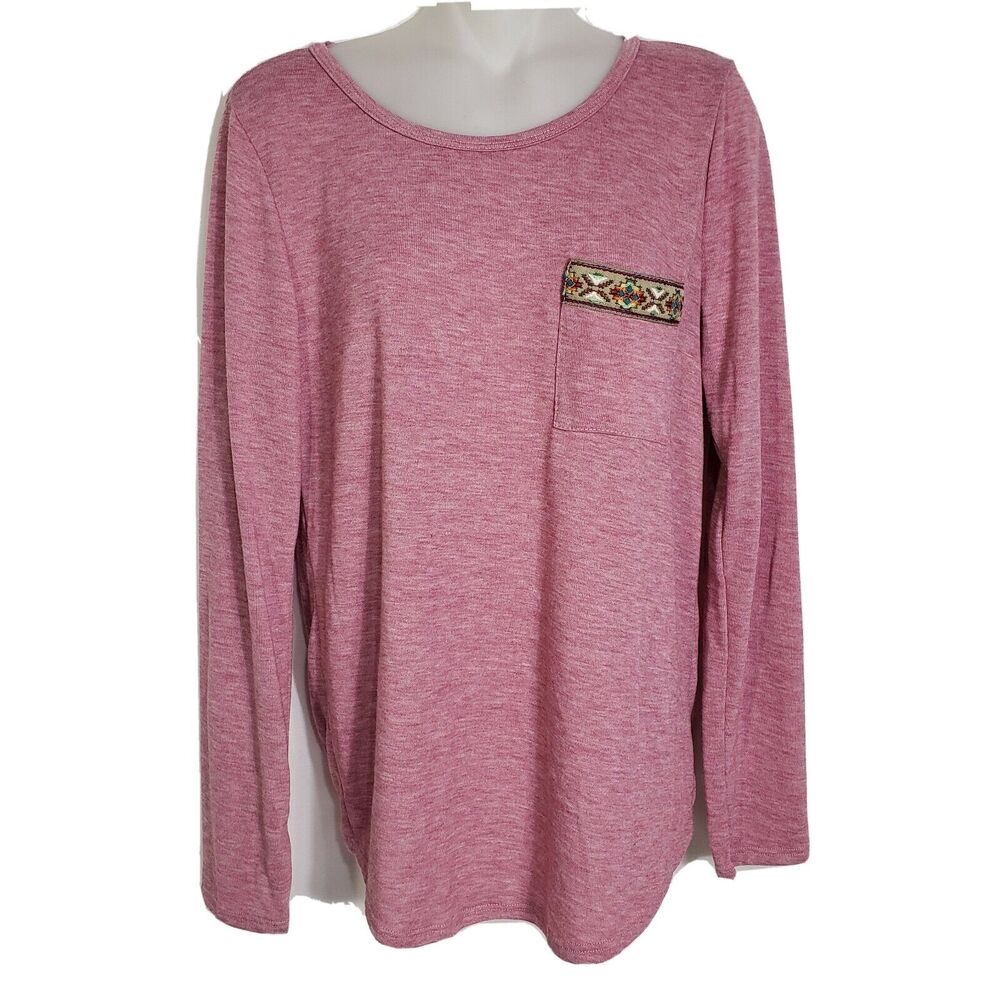 P.S. Kate Womens Top T Shirt Large Long Sleeve Embroidered Pocket Boutique Knit